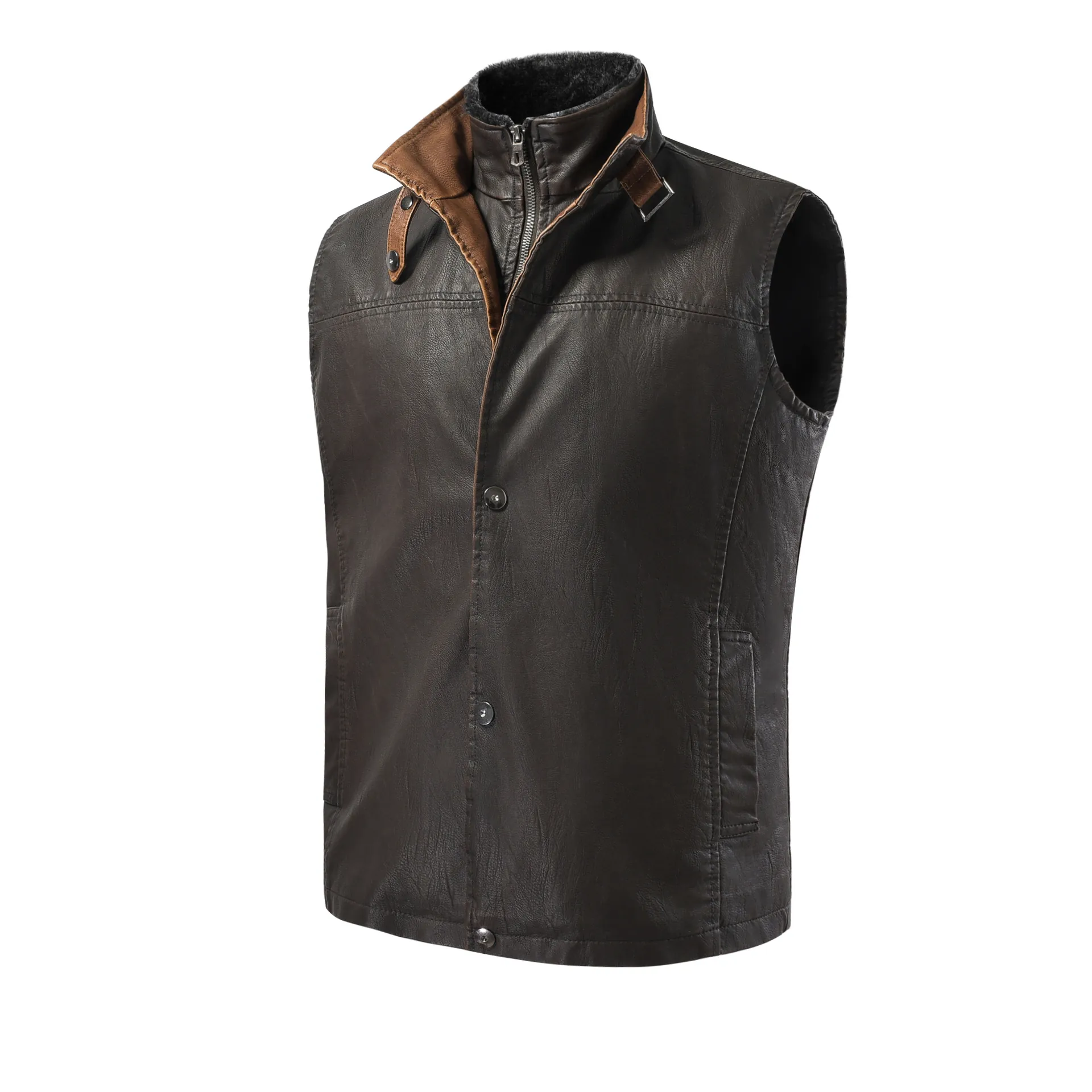 Men Vintage PU Leather Vest With Removable Faux Fur Collar Splicing Windproof Casual Winter Sleeveless Jacket Outerwear