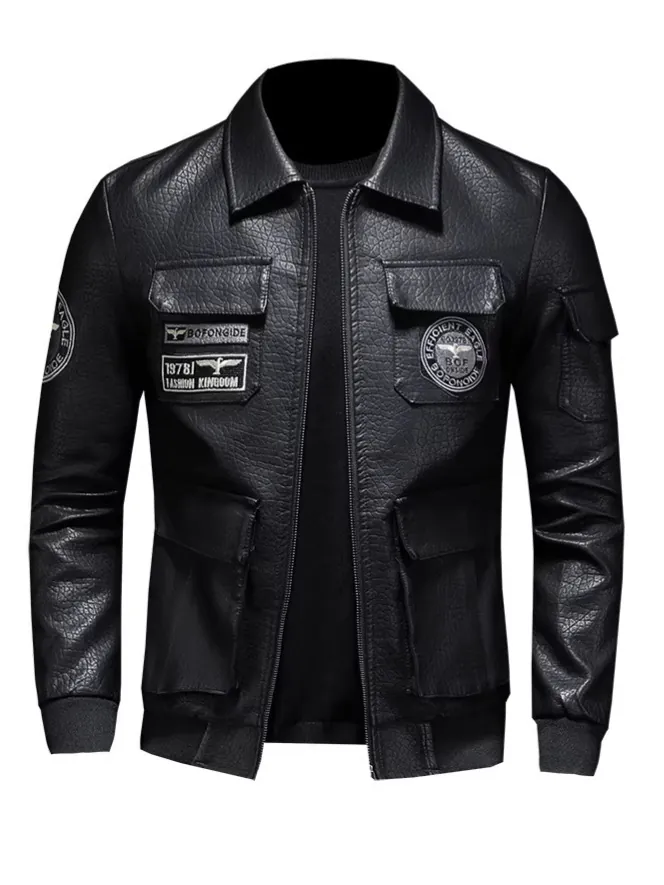 Men PU Leather Motorcycle Jacket Embroidery Eagle Patch Multi Pocket Bomber Coat Ribbed Cuffs Lapel Outerwear Men Fashion