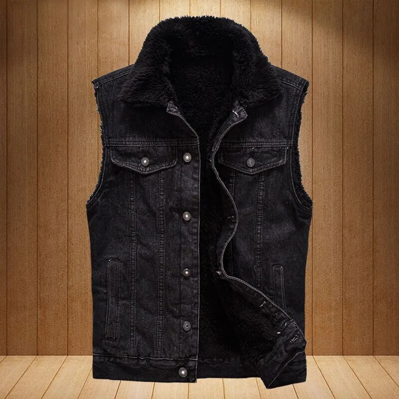 Men Casual Sherpa Lined Denim Vest Black Slim Fit Winter Warm Workwear Sleeveless Denim Jacket With Fleece Lining Outwear