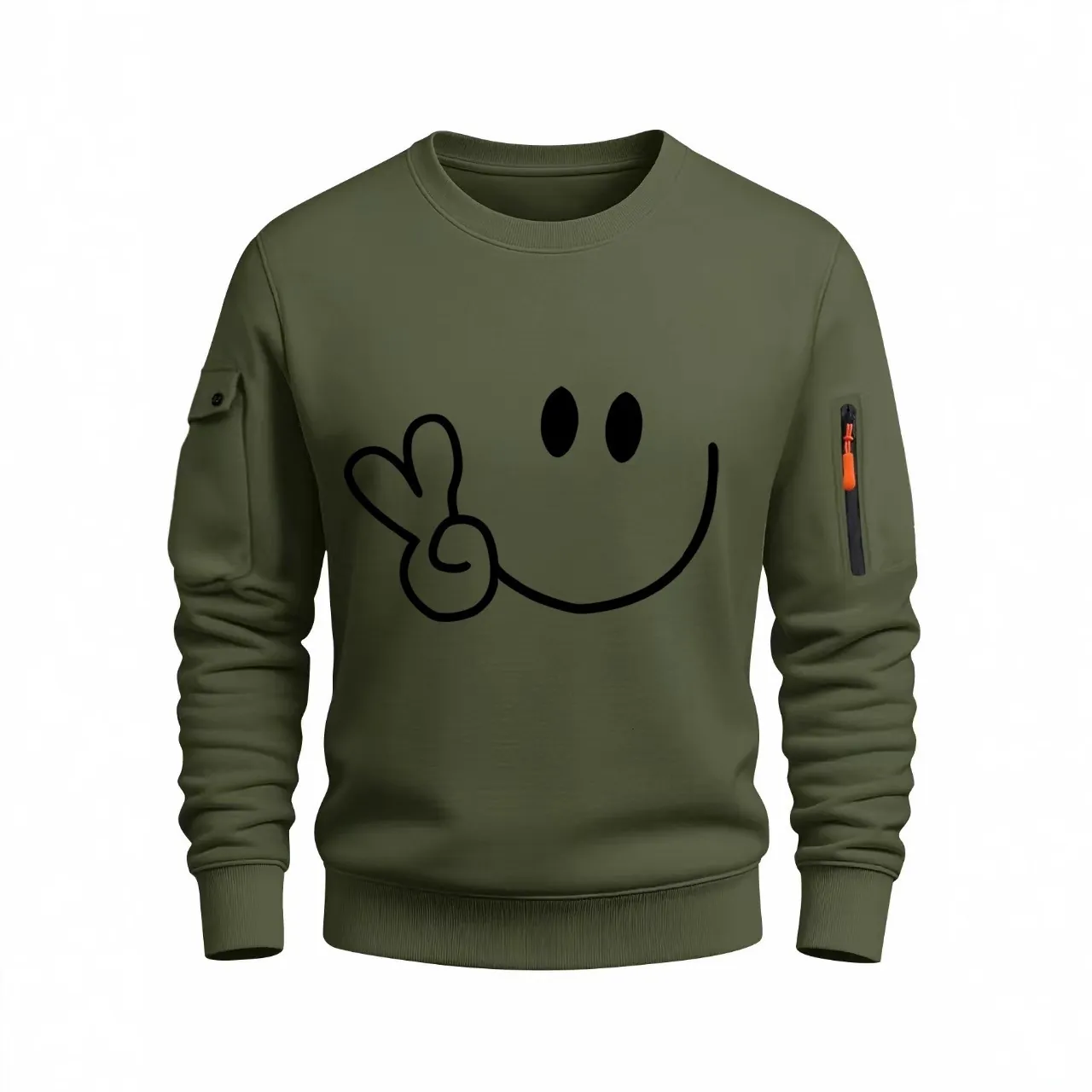 Felpa da Uomo Casual Girocollo con Tasca sulla Manica Stampa Smiley Pullover Primavera Autunno Manica Lunga Tactical