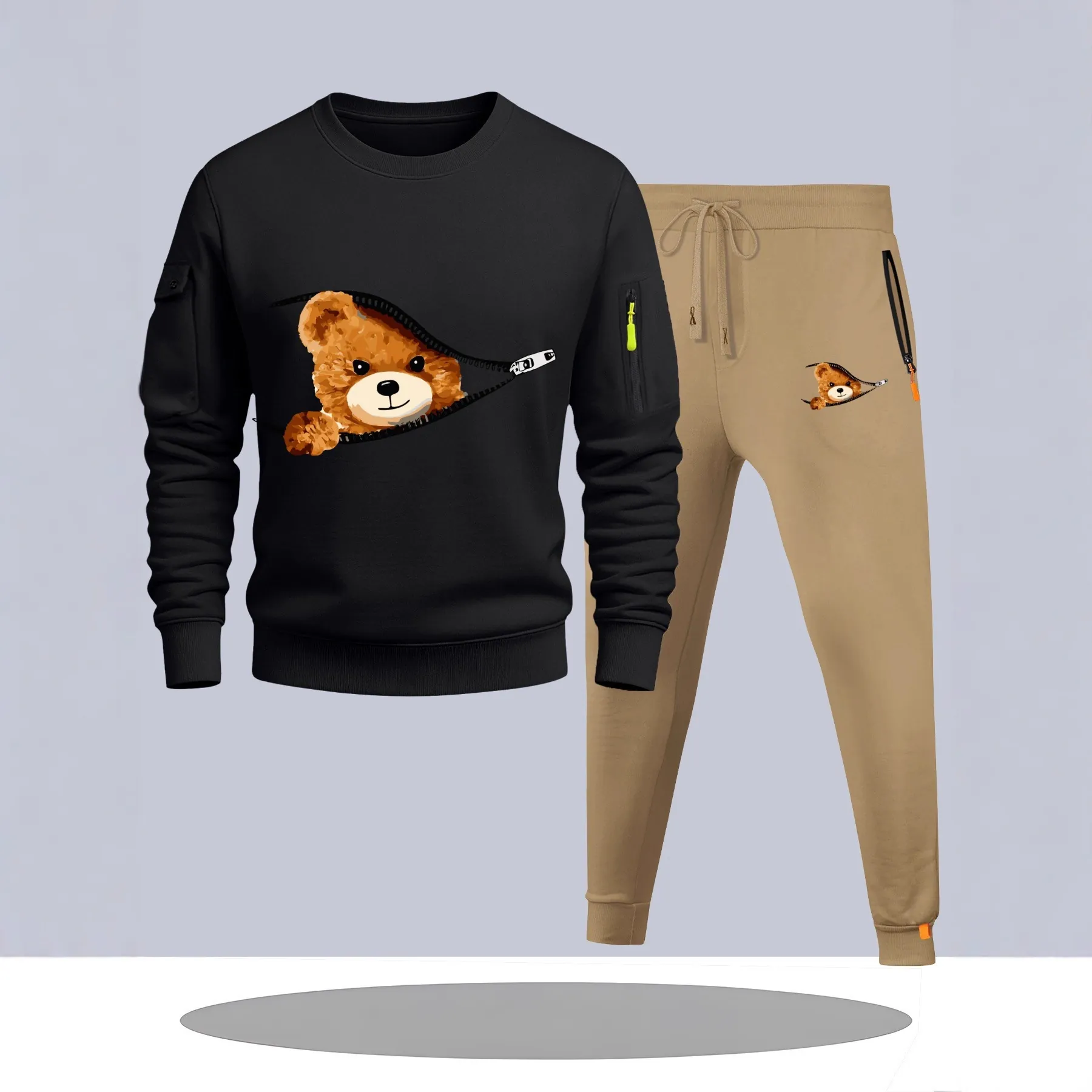 Men Fashion Tracksuit Casual Polyester Blend Sweatshirt And Jogger Pants With Creative Bear Graphic Sportswear For Daily Wear Men