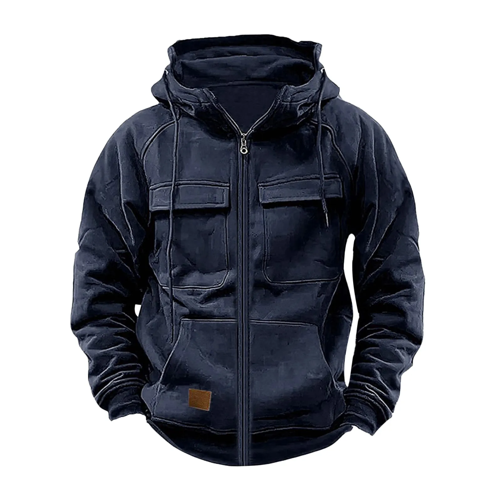 Men Hooded Cargo Jacket Full Zip Solid Color Hoodie Multi Pockets Patch Casual Outerwear Top