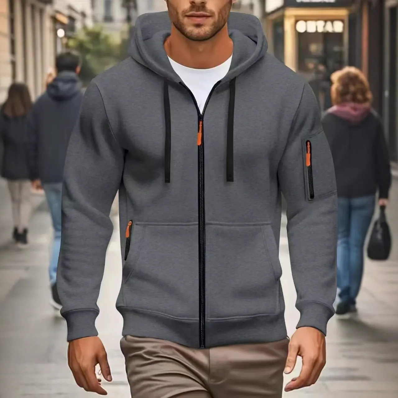 Men Zip Up Hoodie Polyester Dropped Shoulder Casual Sweatshirt With Arm Pocket Contrast Zipper Detail For Men Outerwear