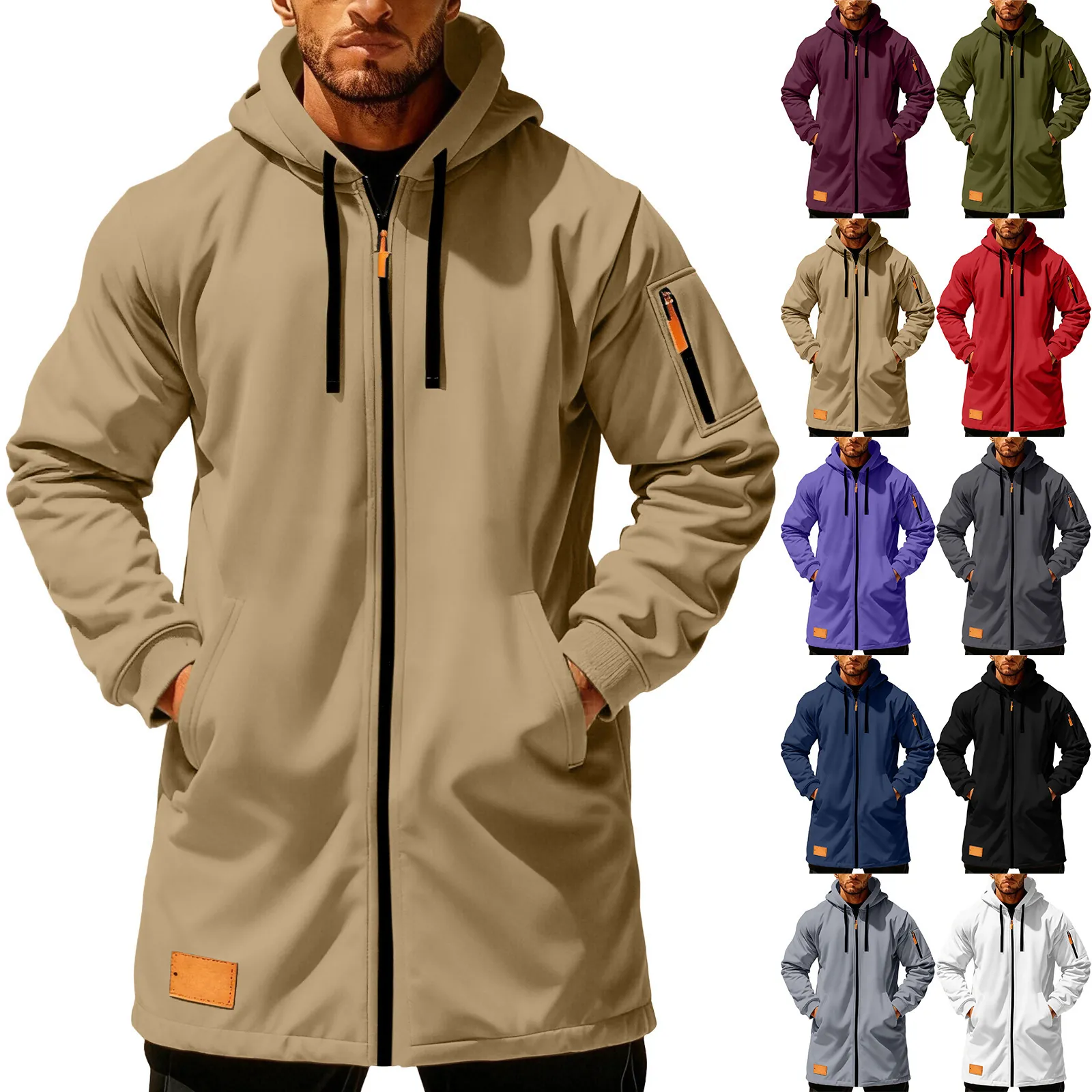 Men Long Hooded Zipper Jacket Polyester Cotton Blend Fleece Lined Warm Outerwear Sporty Tactical Casual Hoodie Coat