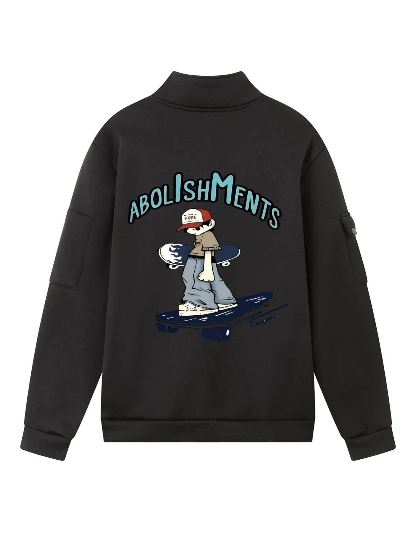 Felpa da Uomo con Collo in Piedi e Mezza Zip in Misto Cotone Streetwear con Stampa Grafica Skater Boy Manica Lunga con Tasche Cargo per Uomo