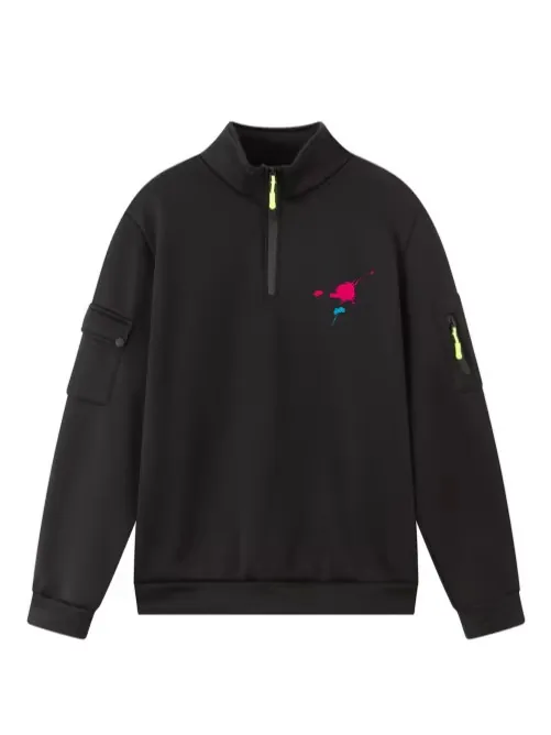 Felpa da Uomo con Mezza Cerniera e Collo Alto in Poliestere Multitasche Pullover Utility con Stampa a Schizzi di Inchiostro Top Streetwear Casual