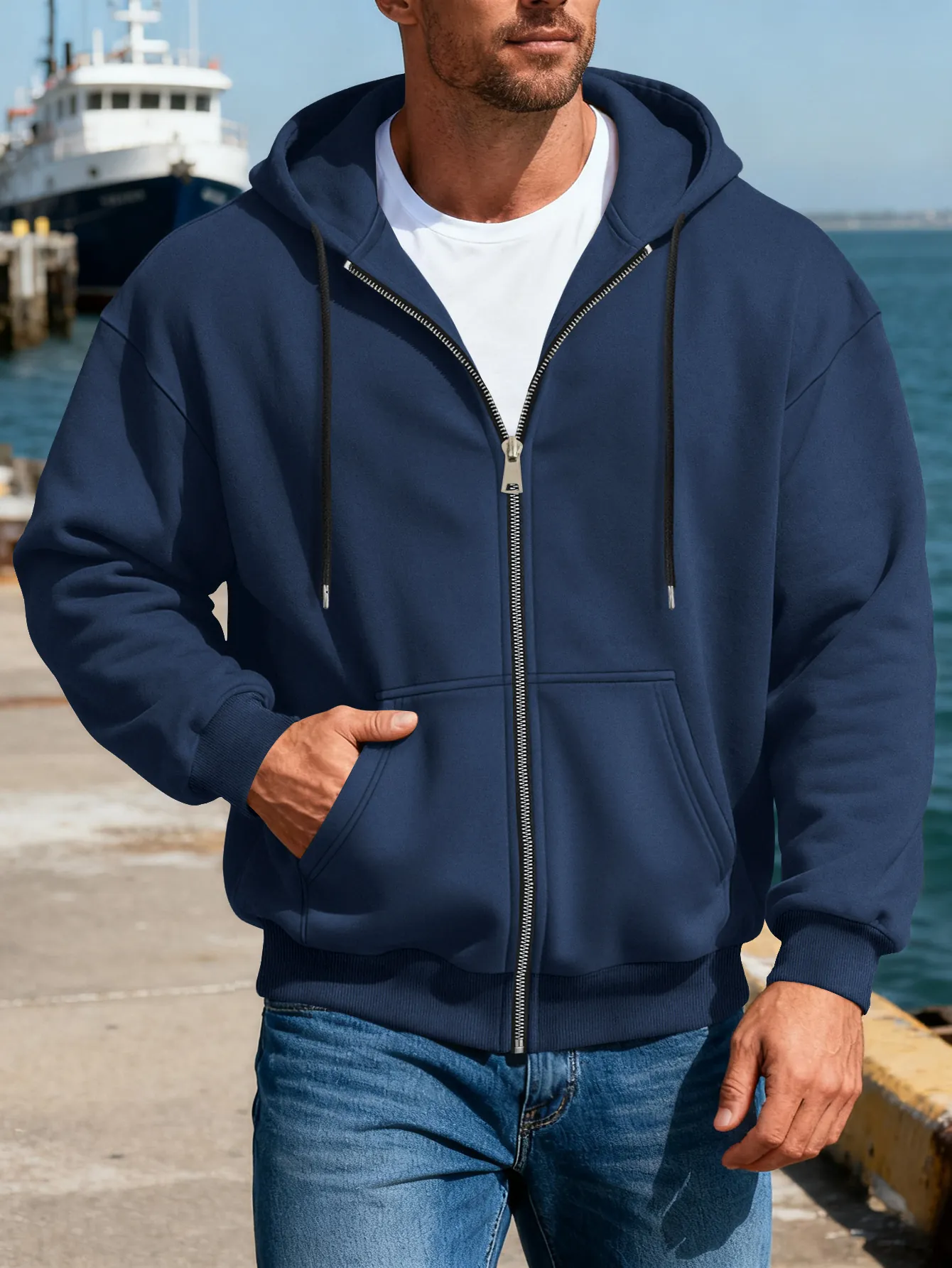 Men's Full Zip Hoodie Hooded Casual Solid Color Long Sleeve Slim Fit Autumn Fashion Sweatshirt With Pockets For Men