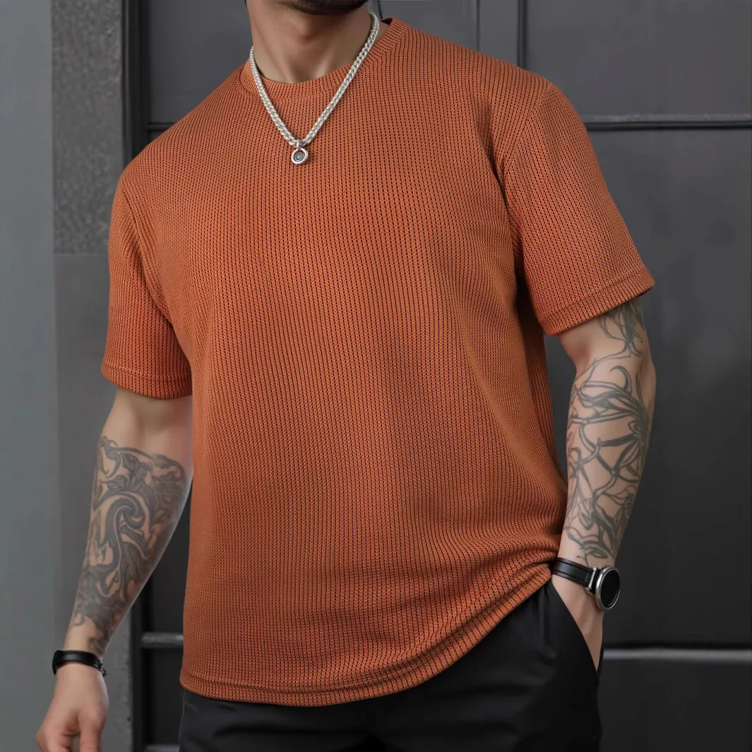 Herren Casual Waffelstrick T-Shirt Atmungsaktives Polyester Weiche Lockere Passform Rundhals Kurzarm Top Für Streetwear Mode