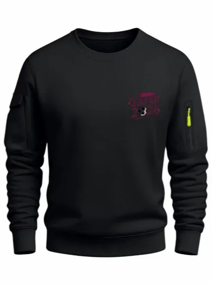 Men Pullover Sweatshirt Qatar Football Print Long Sleeve Top Polyester Crewneck Hoodie With Sleeve Pocket Casual Sports Wear