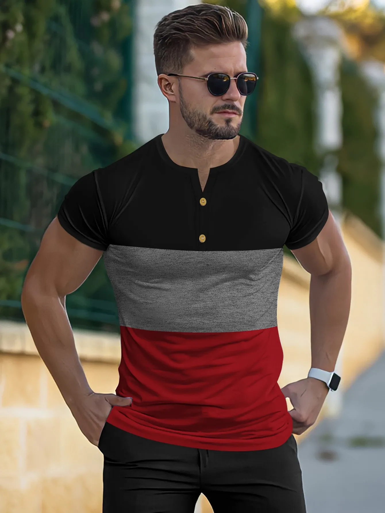 Ανδρικό Κοντομάνικο T-Shirt Henley με Σχέδιο Color Block Slim Fit Αναπνεύσιμο Casual Business Τοπ