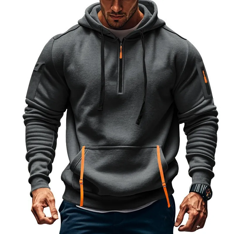 Felpa con Cappuccio Tattica da Uomo con Multitasche Sportivo Casual in Misto Cotone Manica Lunga con Mezza Cerniera