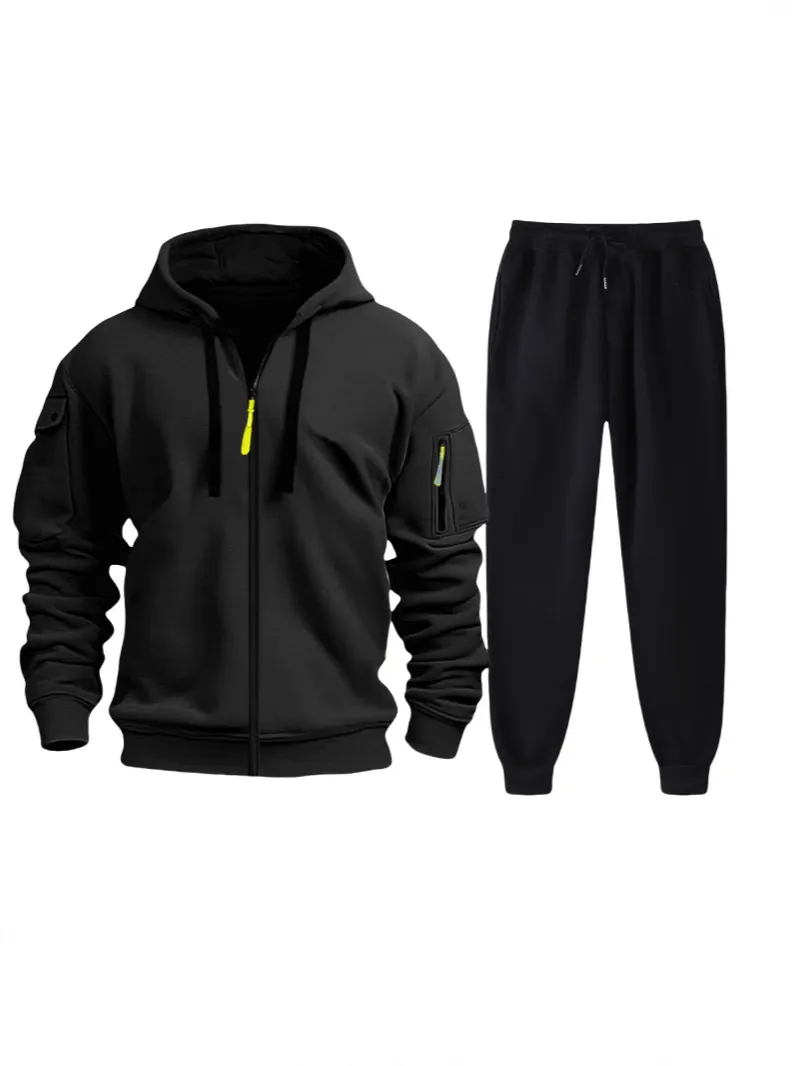 Men's Sports Hoodie Set Top And Bottom Zipper Tracksuit Solid Color Activewear Sweatshirt Jogger Pants Casual Athletic Suit