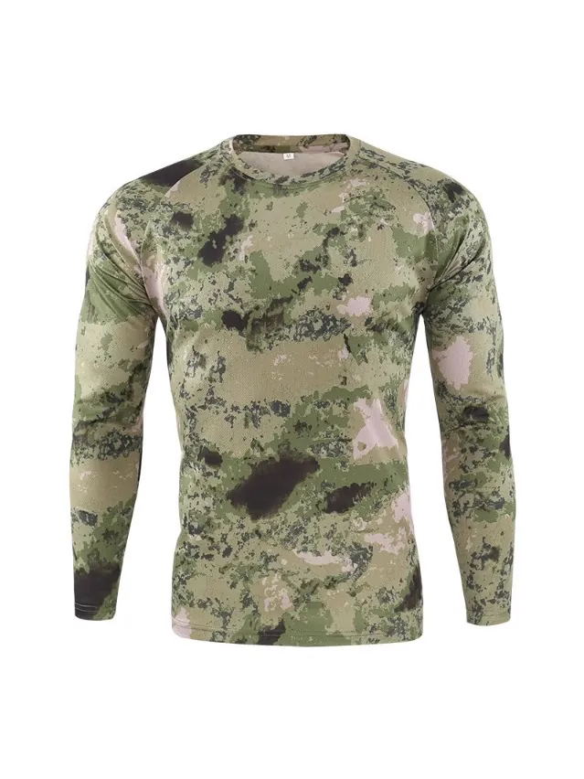 Men Outdoor Camouflage Long Sleeve T-Shirt Quick Dry Breathable Polyester Mesh Tactical Hunting Hiking Cycling Sport Top