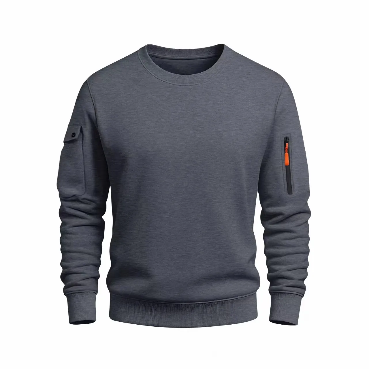 Felpa da Uomo Tinta Unita Girocollo Stile Workwear Maglia a Maniche Lunghe Con Tasche Cargo sulle Maniche Casual Pullover