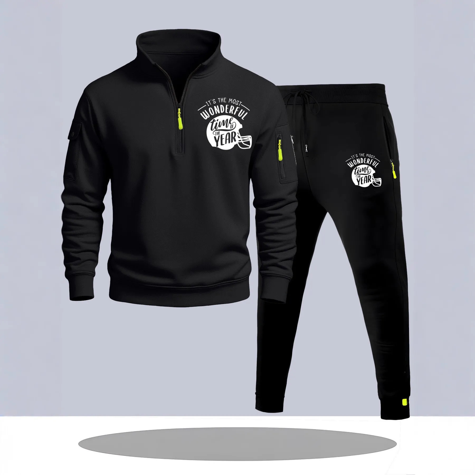 Men's Tracksuit Half Zip Hoodie And Jogging Pants Casual Athletic Sportswear Outfit For Men Football Print Knit Top And Bottoms