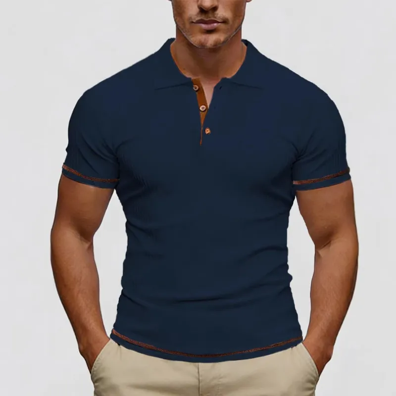 Men's Short Sleeve Polo Shirt Ribbed Knit Contrast Trim Casual Button Down Breathable Summer Fashion Top For Men