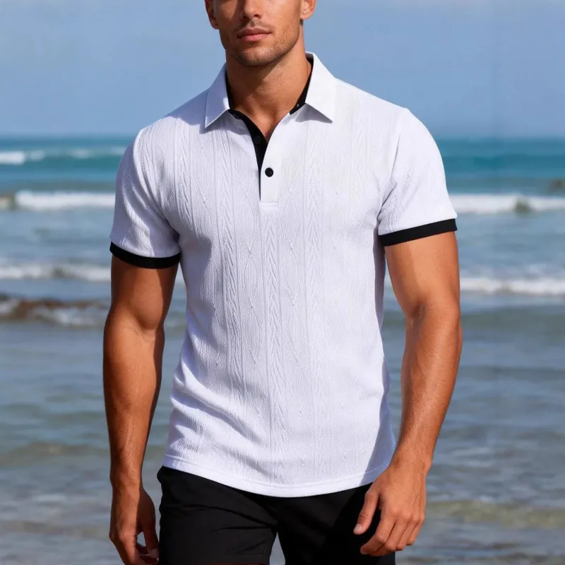 Men Casual Short Sleeve Polo Shirt Textured Knit Slim Fit Contrast Trim Collar Breathable Summer Beach Fashion Top