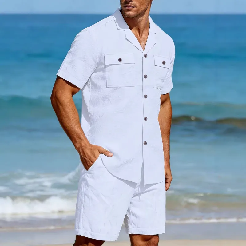 Men Casual Linen Shirt And Shorts Set Cuban Collar Short Sleeve Top And Bottom Vacation Beachwear Plain Fashion Outfit