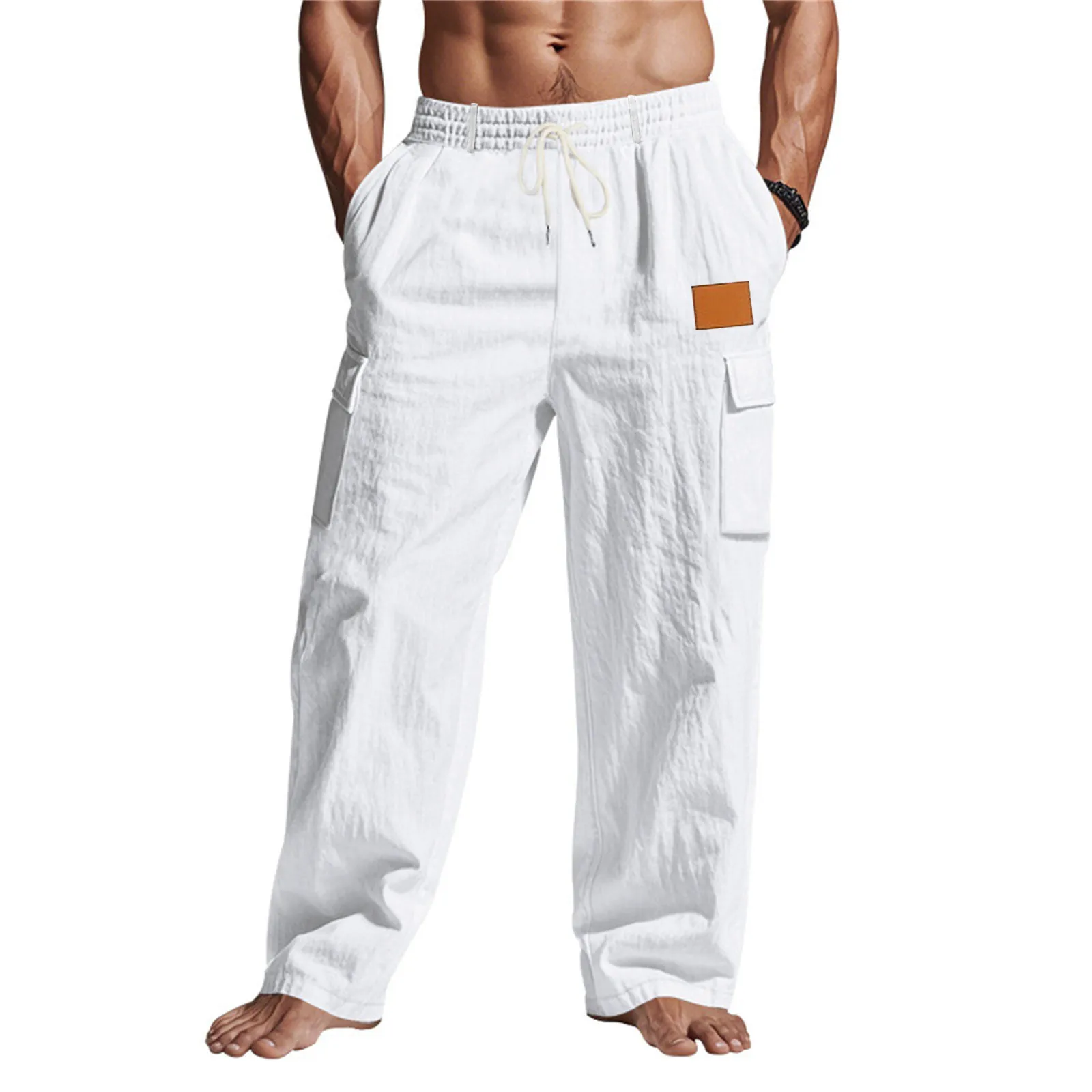 Pantalon Cargo Décontracté en Coton et Lin pour Homme Coupe Ample Taille Élastique à Cordon Jambe Droite Couleur Unie Multi Poches Pantalon d'Été Respirant