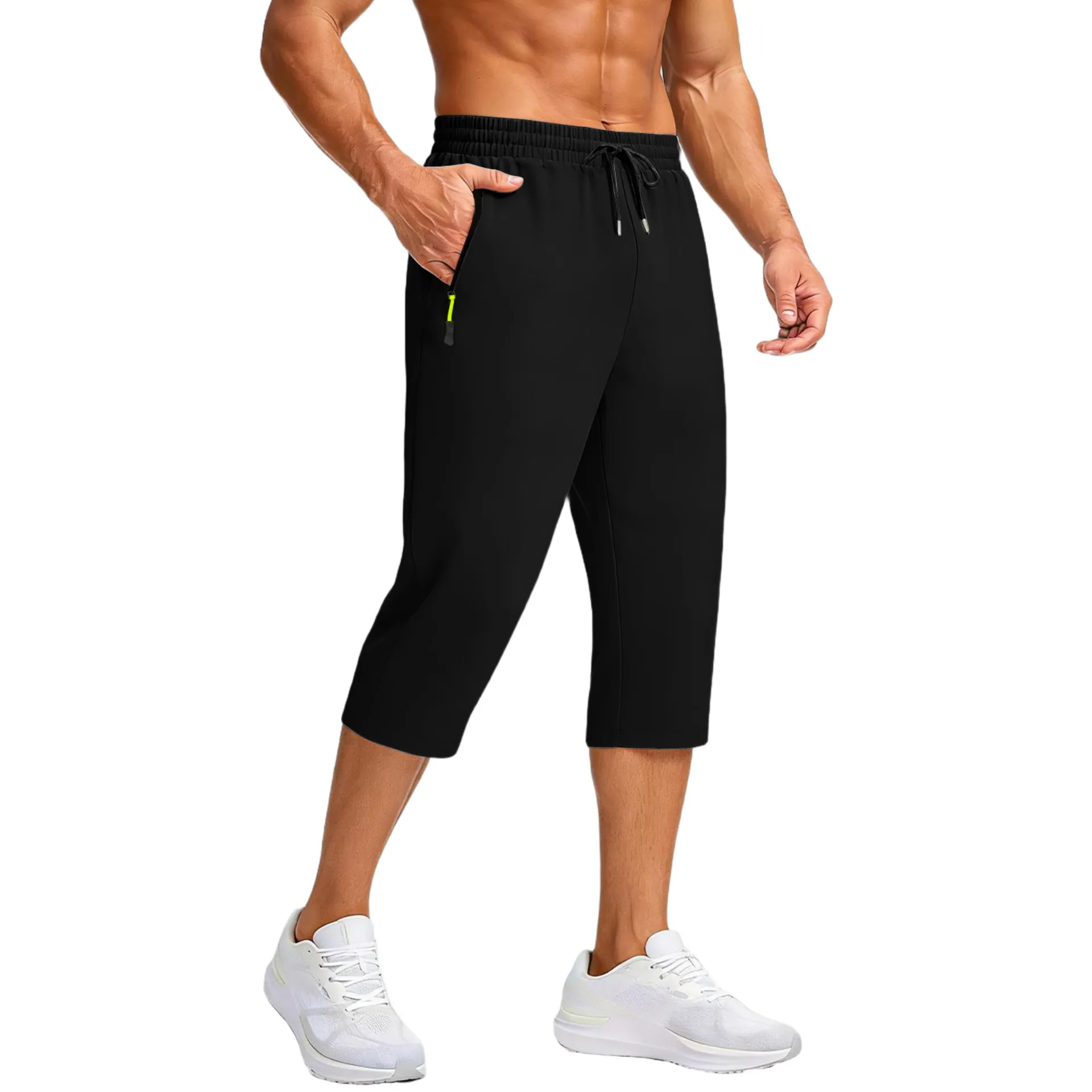Men's 3/4 Jogger Capris Elastic Waist Drawstring Pants With Zipper Pockets Cotton Blend Quick Dry Sports Shorts For Gym Training