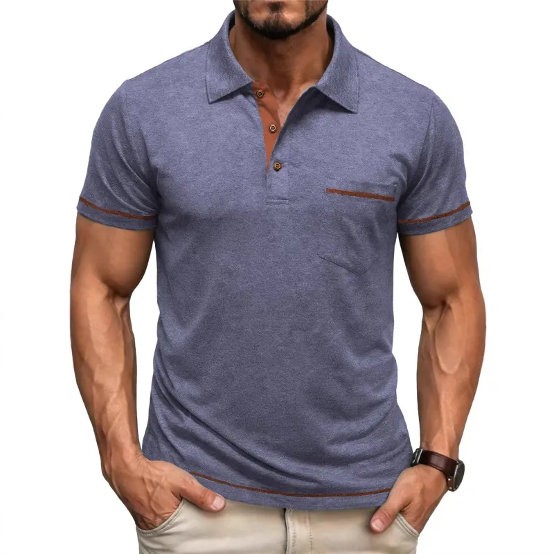 Men's Casual Short Sleeve Polo Shirt Contrast Trim Chest Pocket Cotton Blend Heathered Knitted Slim Fit Breathable Top