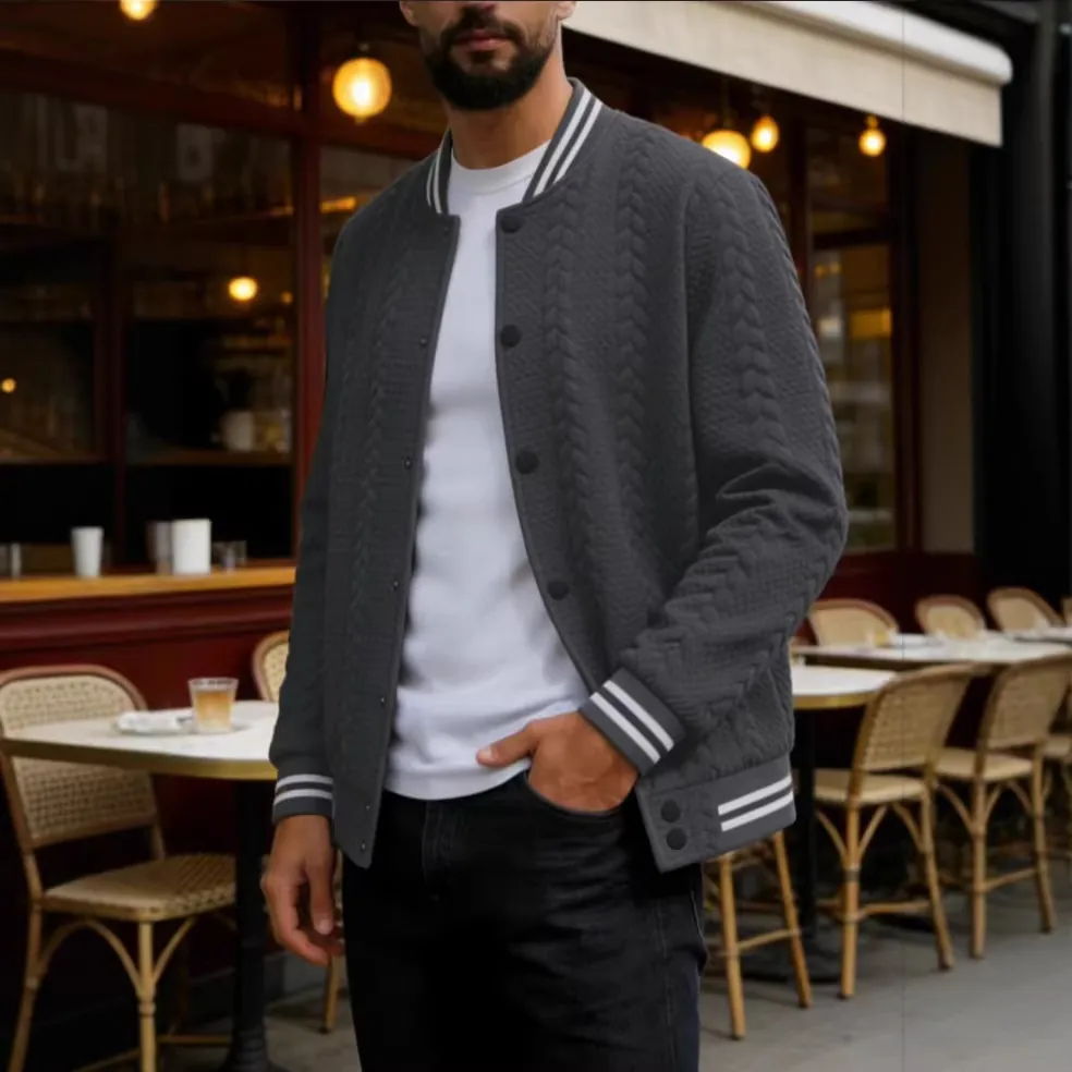 Men's Casual Cable Knit Baseball Jacket Cotton Blend Contrast Stripe Ribbed Trim Button Down Outerwear Knitted Bomber Jacket