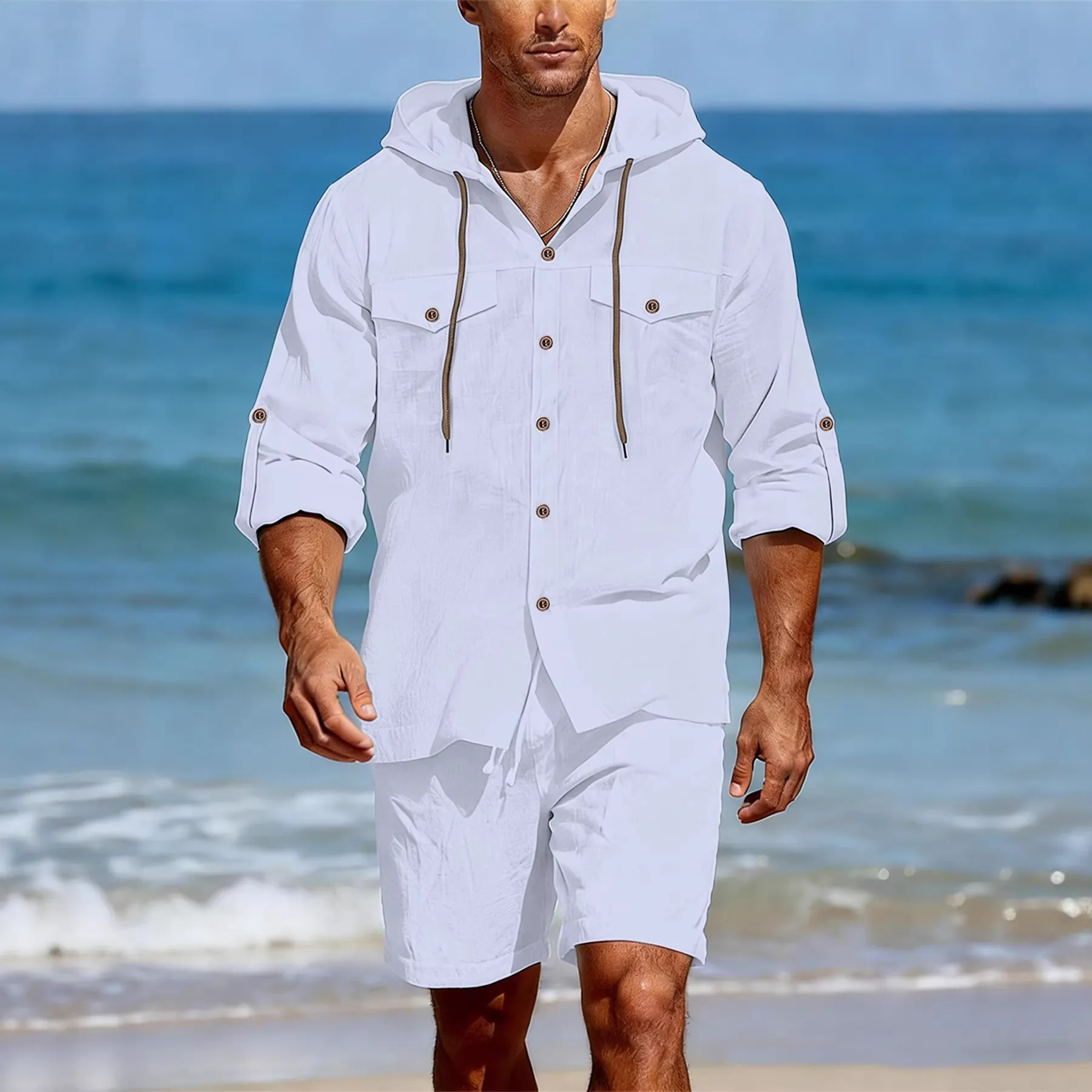 Ensemble Décontracté en Mélange de Lin pour Hommes Chemise à Capuche Boutonnée et Short à Cordon Tenue de Vacances à la Plage Haut et Pantalon