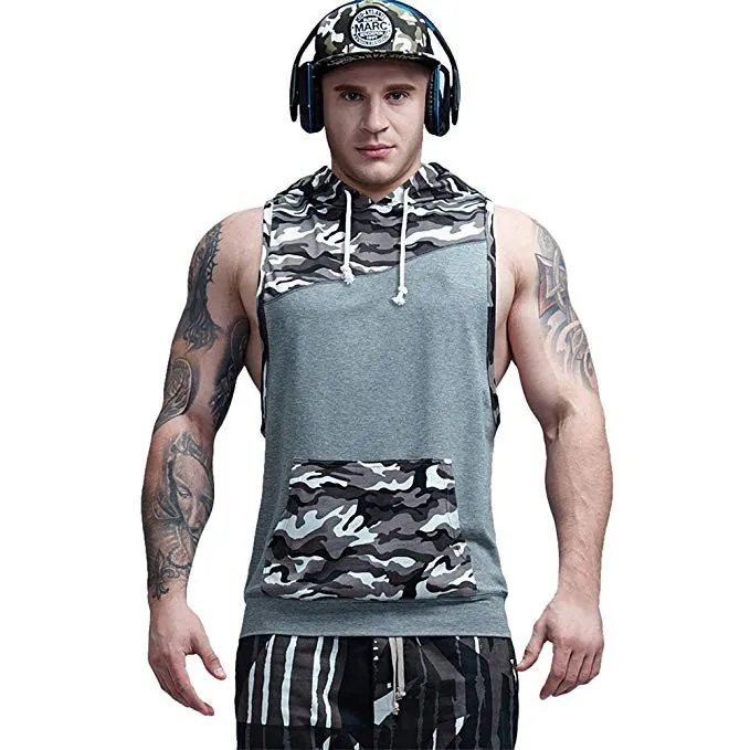 Men's Hooded Camouflage Colorblock Vest Polyester Modal Sleeveless Sports Tank Top Kangaroo Pocket Slim Fit Gym Outdoor