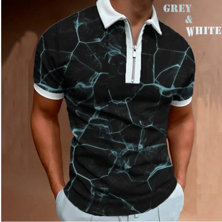 Men's Casual Short Sleeve Polo Shirt Zipper Placket Contrast Collar Marble Camouflage Flame Printed Streetwear Fashion Top