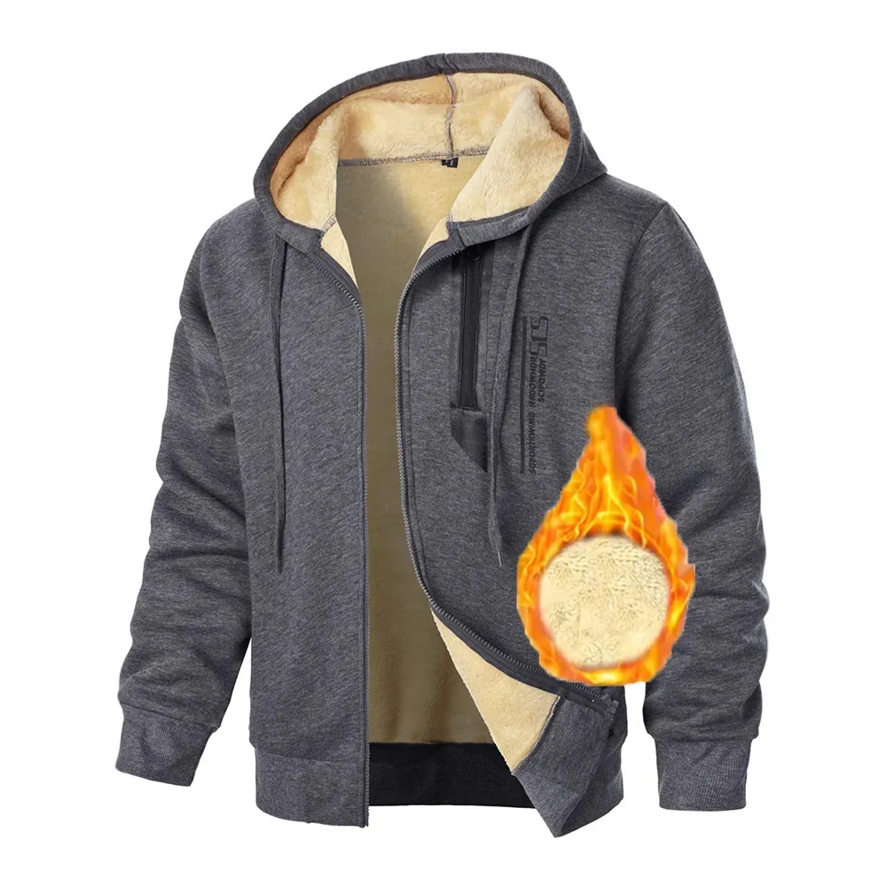 Sweat à Capuche Doublé Polaire pour Homme Épais Chaud Veste Cardigan à Fermeture Éclair Décontracté Imprimé Manteau Sherpa