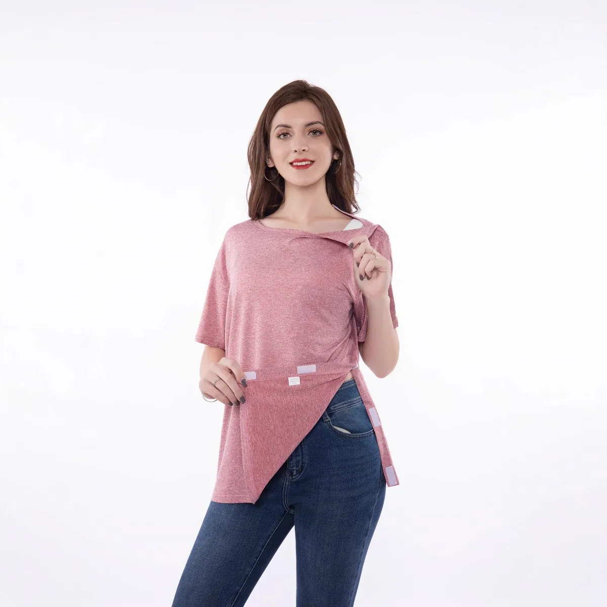 T-Shirt d'Allaitement Fonctionnel pour Femmes Ouverture Latérale Velcro Vêtement de Récupération en Coton Mélangé