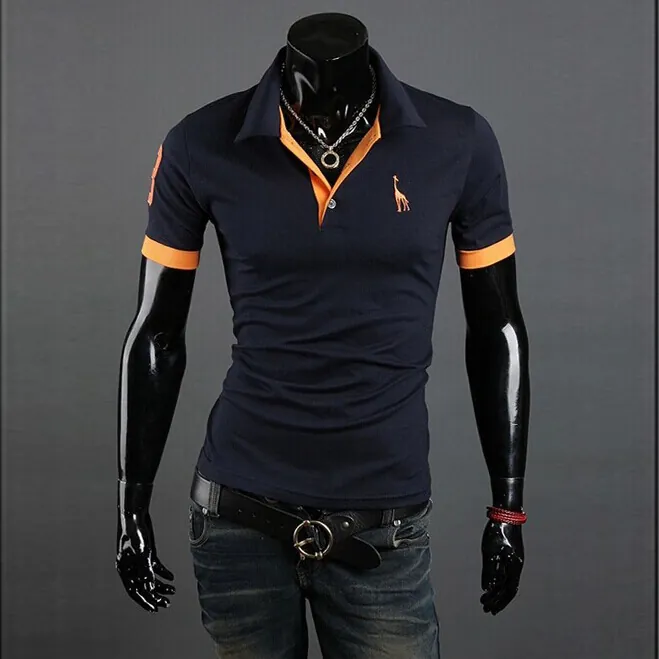 Polo Ajustado para Hombre Manga Corta Mezcla de Algodón Cuello en Contraste Bordado de Jirafa Camiseta Casual