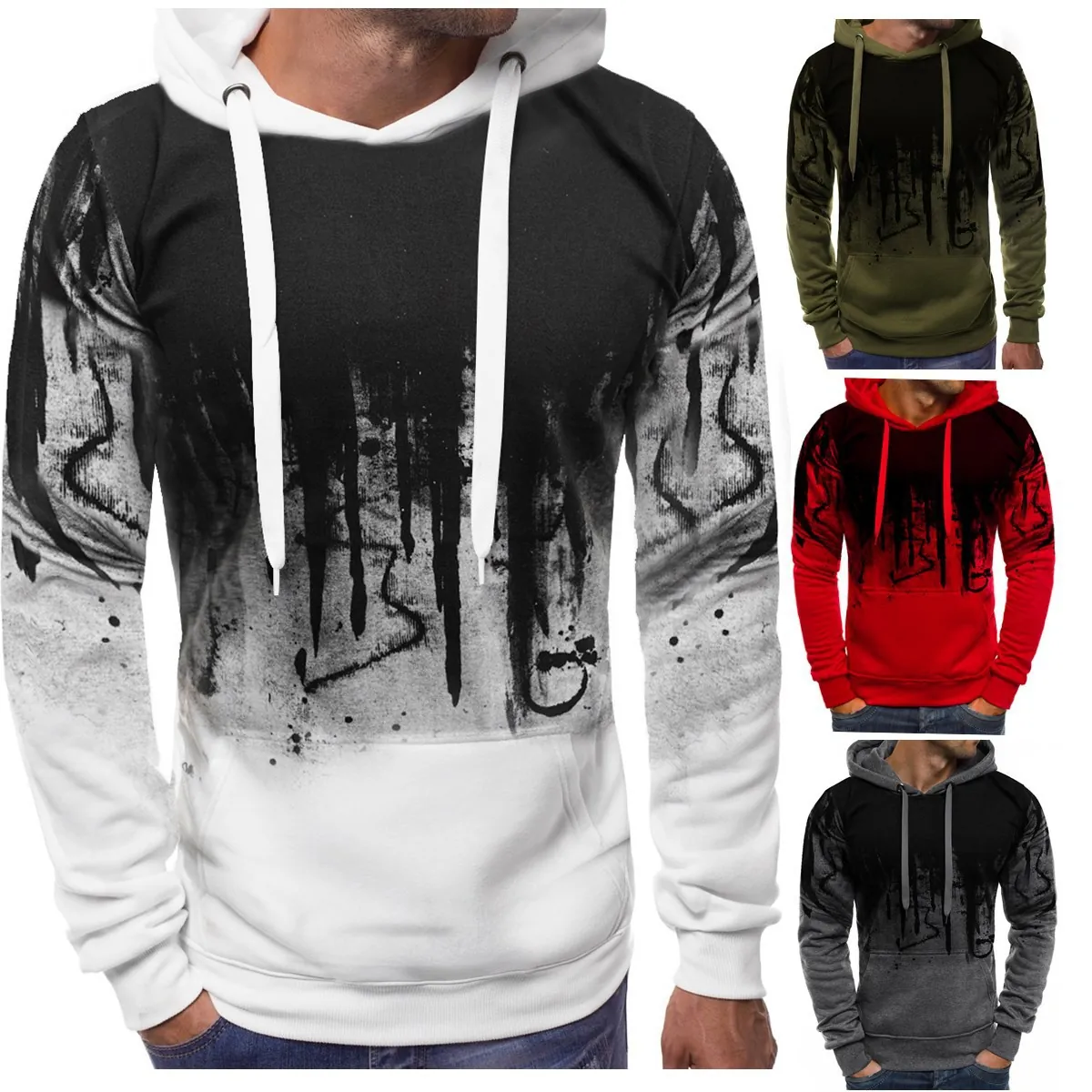 Men's Streetwear Hoodie Cotton Blend Gradient Splatter Ink Print Long Sleeve Hooded Sweatshirt Kangaroo Pocket Casual Top