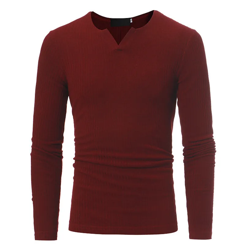 T-Shirt à Manches Longues pour Hommes en Tricot Nervuré Coupe Slim Col en V Décontracté Couleur Unie Mélange de Coton