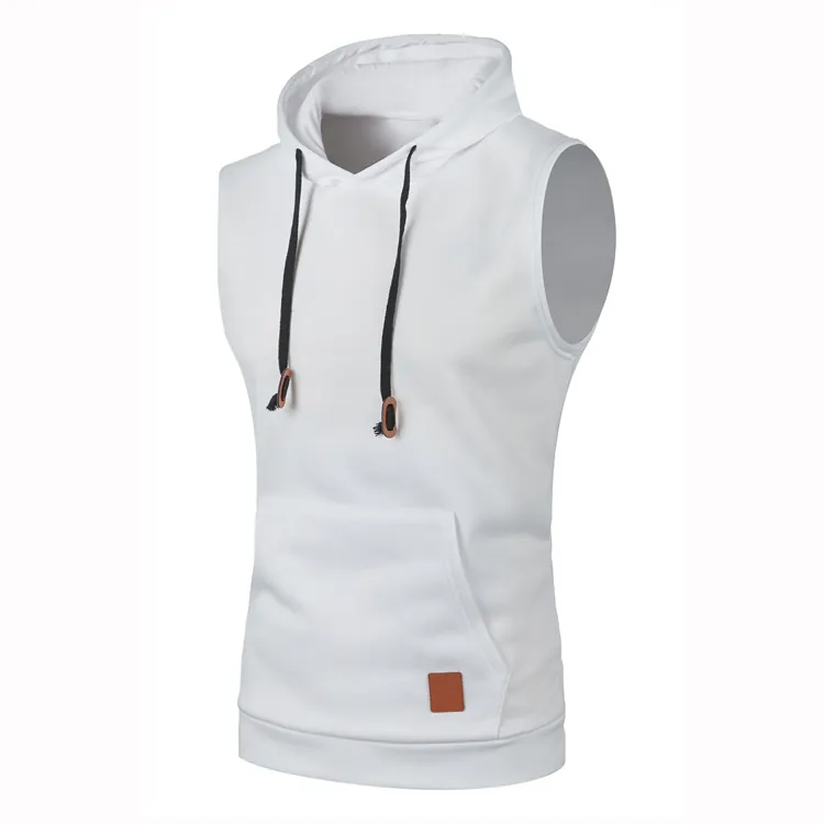 Men's Casual Hooded Sleeveless Vest Cotton Blend Heathered Hoodie Top With Kangaroo Pocket And Leather Patch Sporty Vest