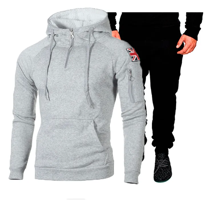 Men's Casual Fleece Hooded Sweatshirt And Pants Suit Half Zip British Flag Patch Sporty Warm Tracksuit Top And Bottom