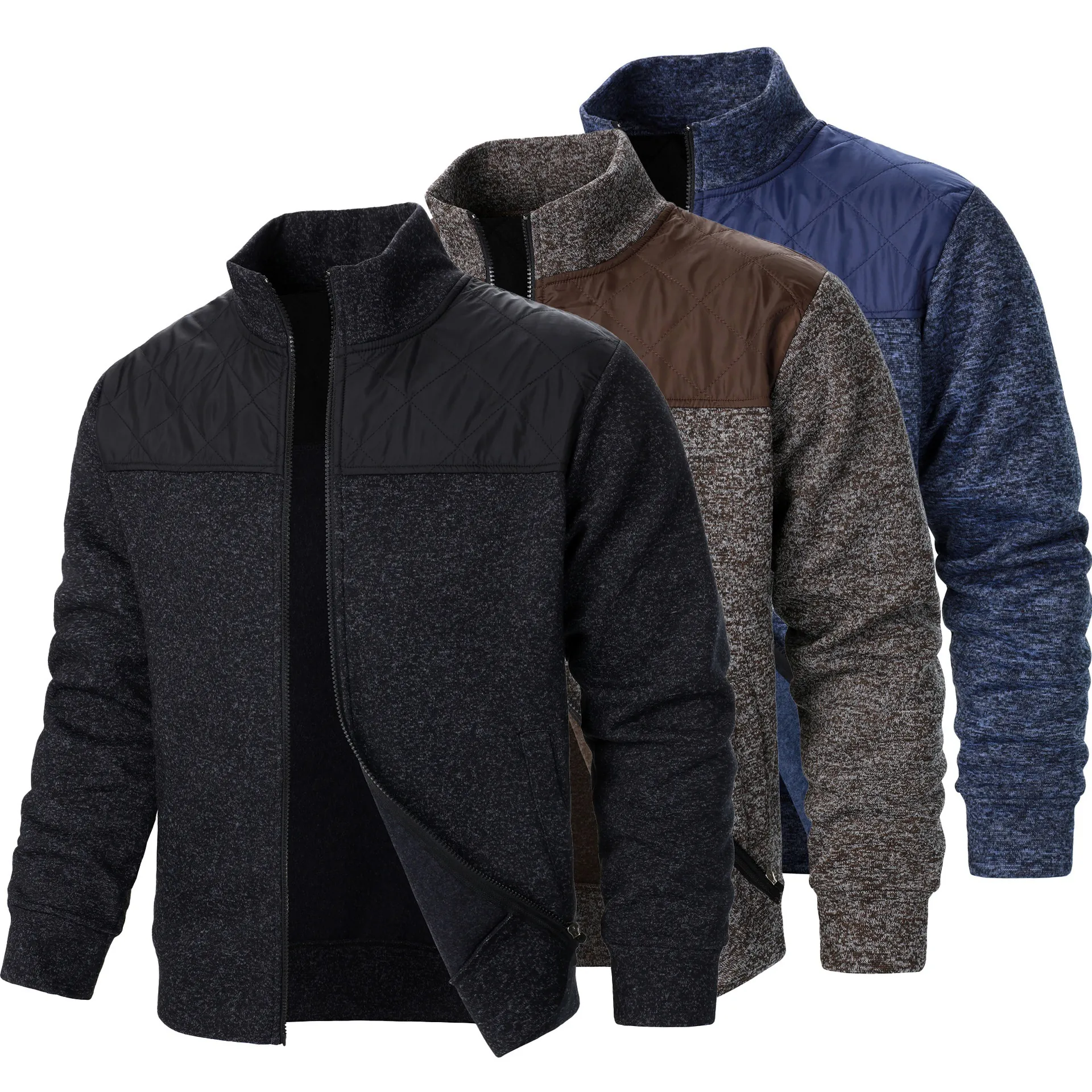 Men's Stand Collar Zipper Jacket Quilted Patchwork Shoulder Thick Knit Cardigan Outerwear Casual Warm Long Sleeve Coat