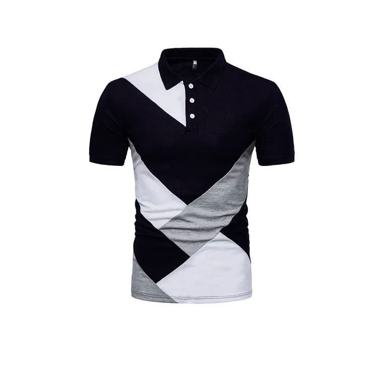 Men Casual Geometric Spliced Short Sleeve Polo Shirt Slim Fit Turn-down Collar Cotton Blend Breathable Top For Daily Wear