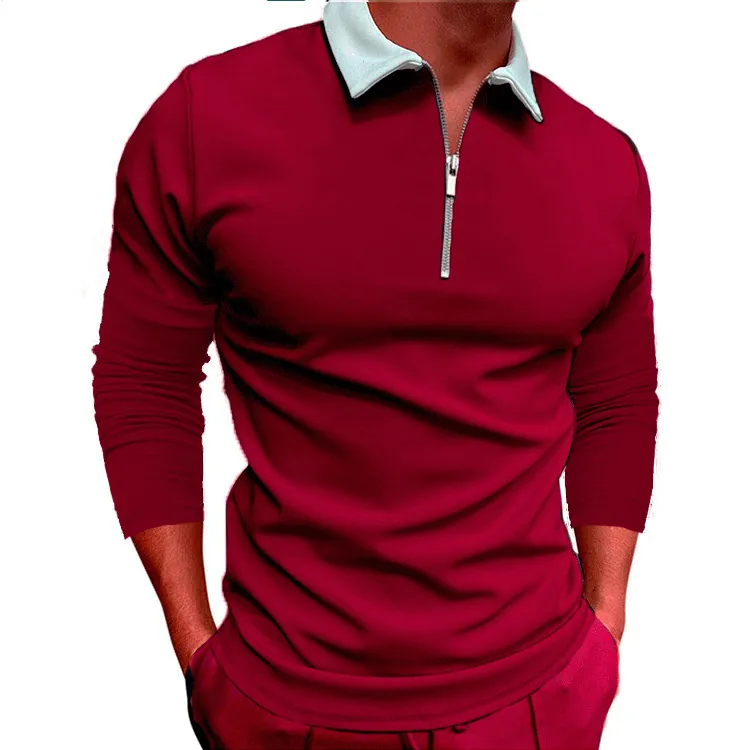 Maglia Polo da Uomo a Manica Lunga Casual Colletto a Contrasto Chiusura con Zip Slim Fit Pullover Moda Tinta Unita