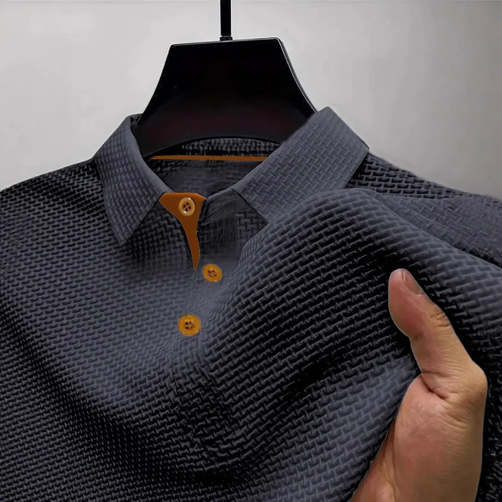 Men's Casual Waffle Knit Polo Shirt Short Sleeve Contrast Color Trim 3D Texture Business Casual Top For Men