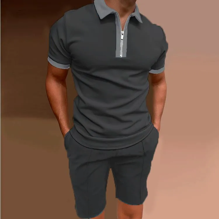 Men Zipped Polo Shirt And Shorts Casual Sportswear Contrast Color Knitted Summer Tracksuit For Outdoor Gym Daily Outfits