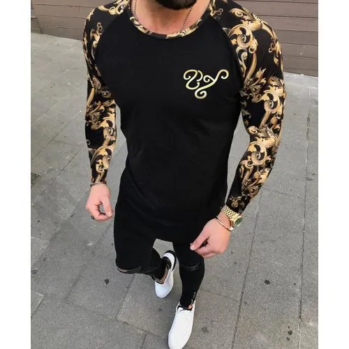 Ανδρικό T-Shirt με Μακρύ Μανίκι Ραγκλάν και Μπαρόκ Σχέδιο Στενή Γραμμή Μείγμα Βαμβακιού Στρογγυλή Λαιμόκοψη Χρυσά Μανίκια Streetwear