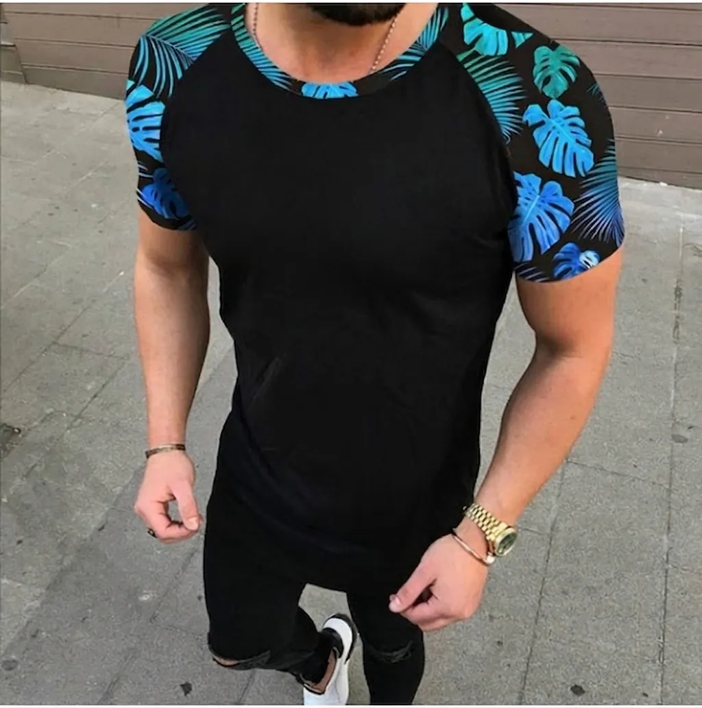 Herren Casual Raglan Kurzarm T-Shirt Tropischer Palmenblatt-Druck Slim Fit Rundhals Sommer Mode Streetwear Top