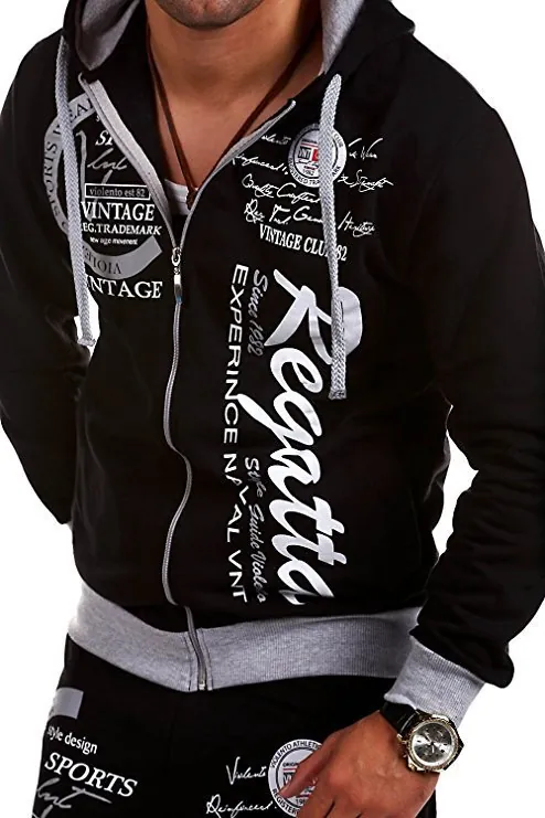 Men's Vintage Letter Print Hooded Zipper Sweatshirt And Pants Casual Sports Tracksuit Streetwear Jogging Outfit Comfort