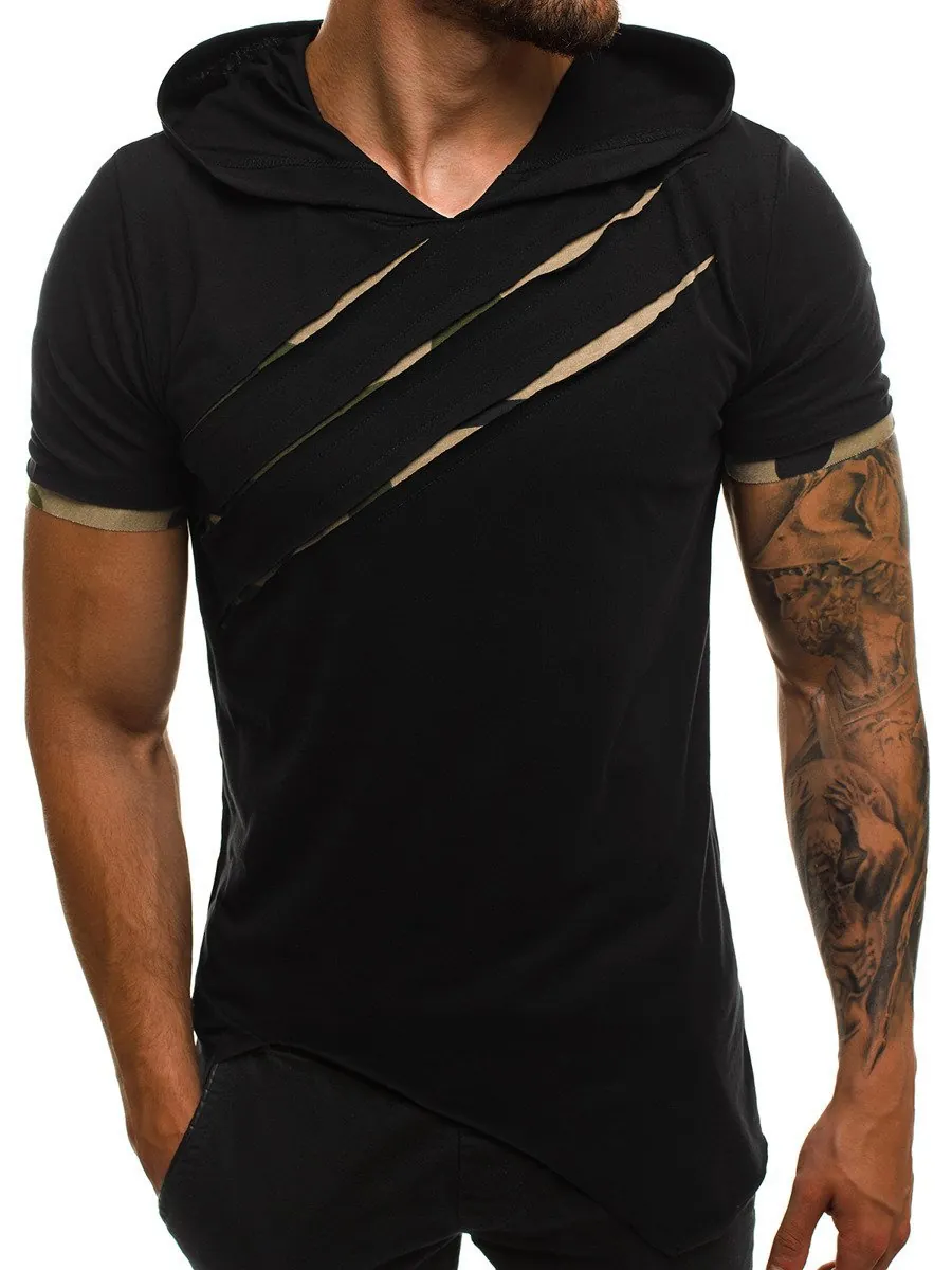 Maglietta da Uomo Casual Con Cappuccio Manica Corta Slim Fit Mimetica Design a Tagli Orlo Irregolare Streetwear Sportivo