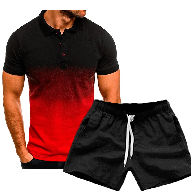 Men's Casual Sports Polo Shirt And Shorts Set 3D Gradient Printed Short Sleeve Lapel Top And Bottom Summer Outfit