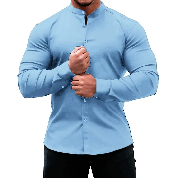 Men's Slim Fit Stand Collar Long Sleeve Shirt Solid Color Casual Mandarin Collar Button Down Shirt Tops for Daily Wear