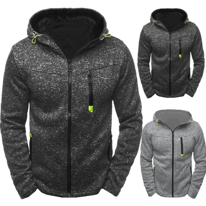 Men's Zip Up Hoodie Jacket Fleece Lined Marled Jacquard Sweatshirt With Neon Accents Hooded Activewear Cardigan Outerwear