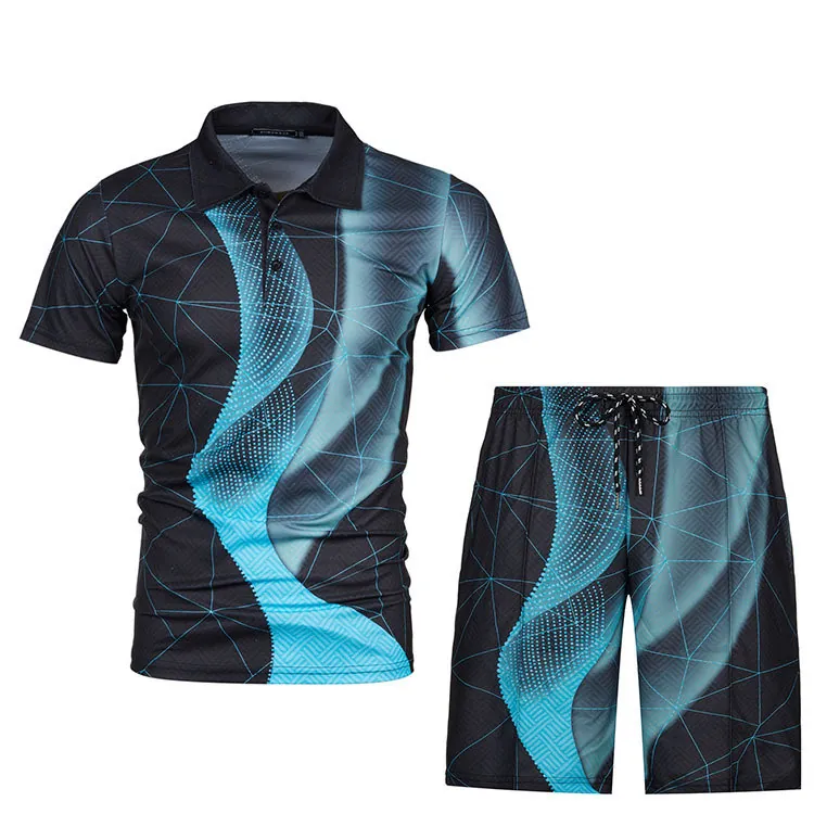 Men's Summer Casual Outfits Short Sleeve Polo Shirt And Shorts Quick Dry Geometric Print Sportswear Suits For Men