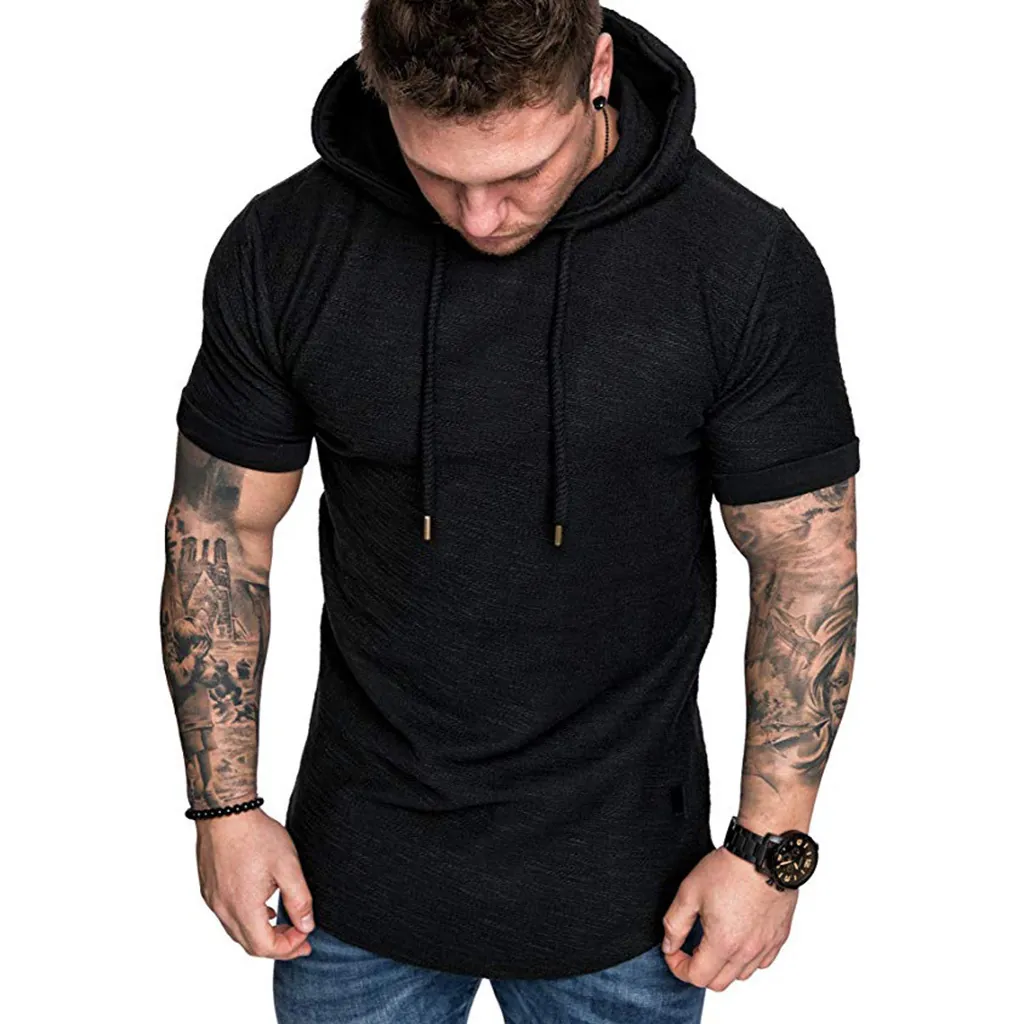 Men's Casual Short Sleeve Hoodie Polyester Solid Color Curved Hem Slim Fit Gym Sports Hooded T-Shirt With Drawstring Summer Top